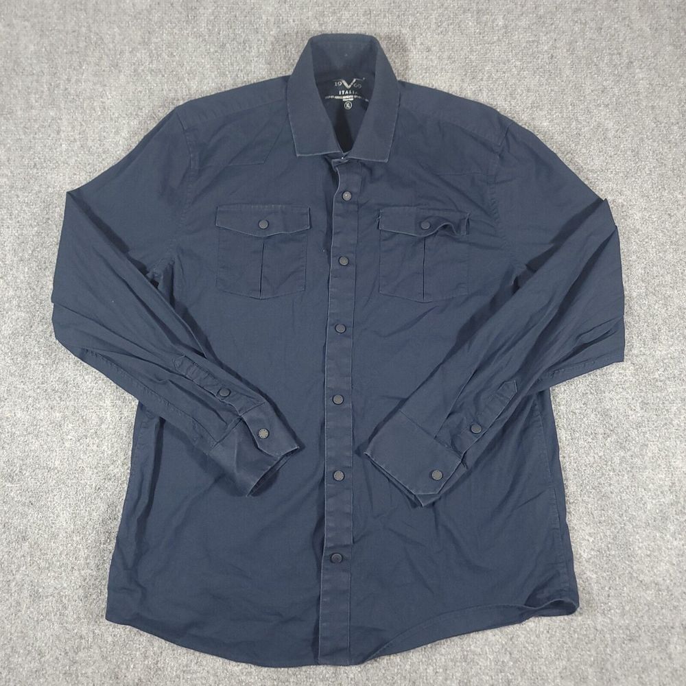 VERSACE 19V69 ITALIA Shirt Mens XL Navy Long Sleeve Snap Button Up Pockets - Picture 1 of 9